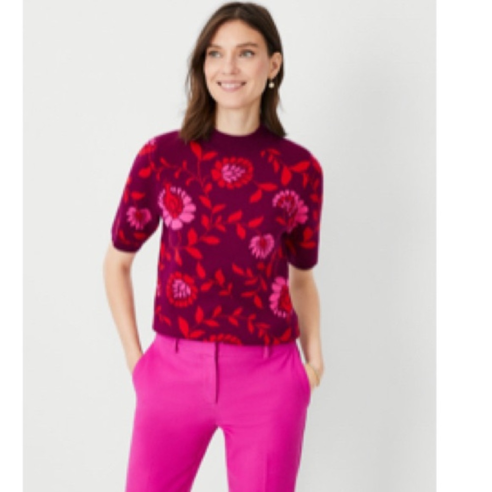 Floral Jacquard Turtleneck Elbow Sleeve Sweater